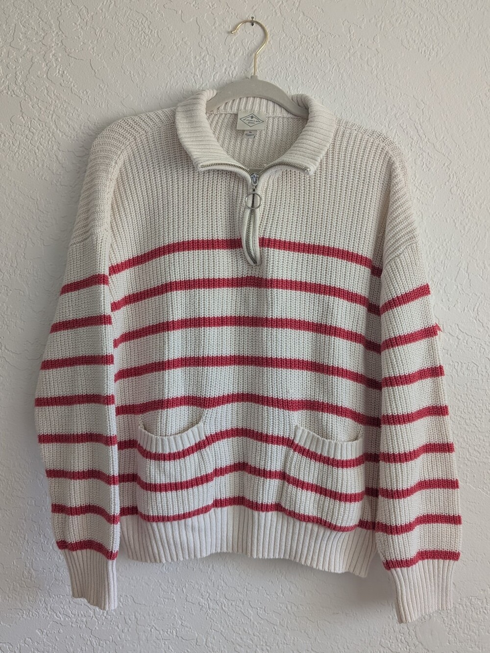 St. John's Bay Cream Sweater with Red Stripes and Half-Zip